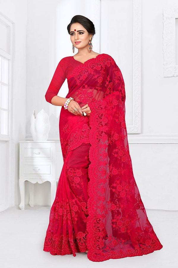 Red colour party wear sarees cheap