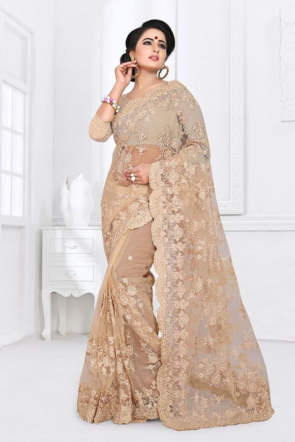 Picture of Marvellous Beige Colored Partywear Embroidered Netted Saree