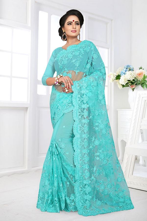 Picture of Classy Beige Sky Blue Colored Partywear Embroidered Netted Saree