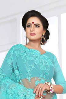 Picture of Classy Beige Sky Blue Colored Partywear Embroidered Netted Saree