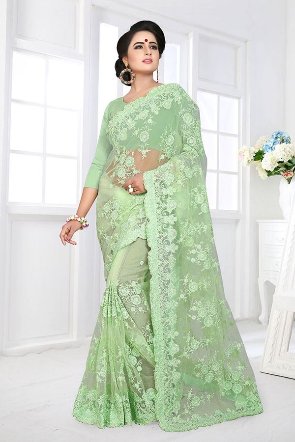 Picture of Sophisticated pista Green Colored Designer Embroidered Work Party Wear Net Saree