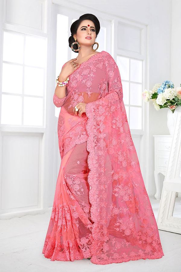 Picture of Stylized peaches-pink Embroidered Net Designer Saree