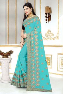 Picture of Spectacular  Georgette Zari Embroidery Sky blue colour Designer Saree