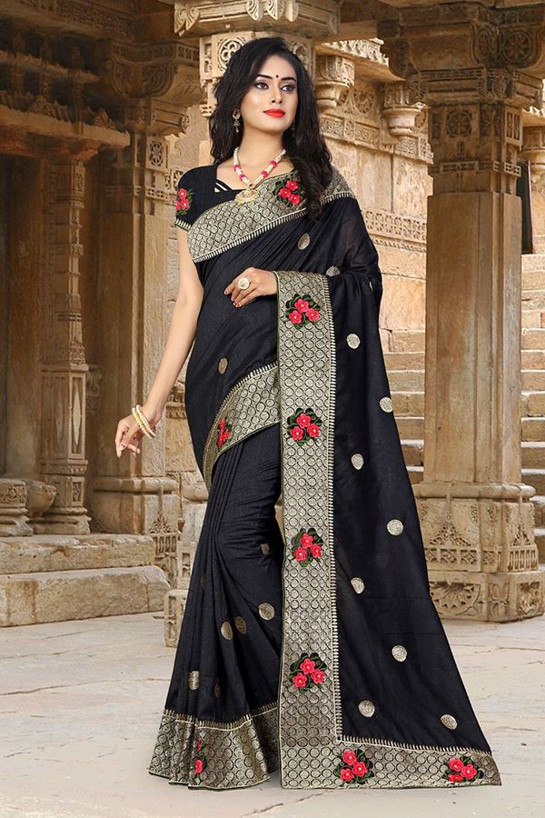 Picture of Flaunt Black Colored Embroidered Party Wear Vicitra Silk Saree