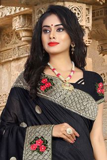 Picture of Flaunt Black Colored Embroidered Party Wear Vicitra Silk Saree