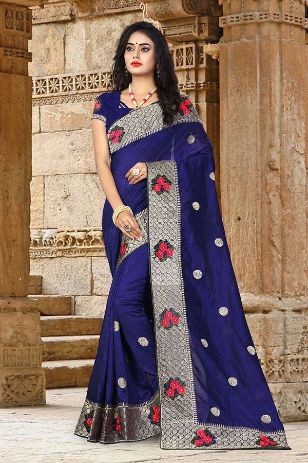 Picture of Stylish Navy Blue Colored Partywear Embroidered Vicitra Silk Saree