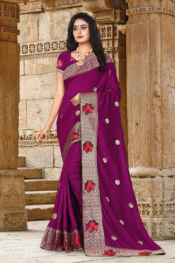 Picture of Elegant Wine Colored Embroidered Vicitra Silk Saree