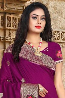 Picture of Elegant Wine Colored Embroidered Vicitra Silk Saree