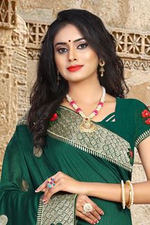 Picture of Marvellous Peacock Green Colored Embroidered Vicitra Silk Saree