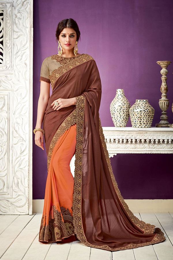 Picture of On The Crossroads Of Tradition And Modernity, This Brown & Orange Georgette Saree