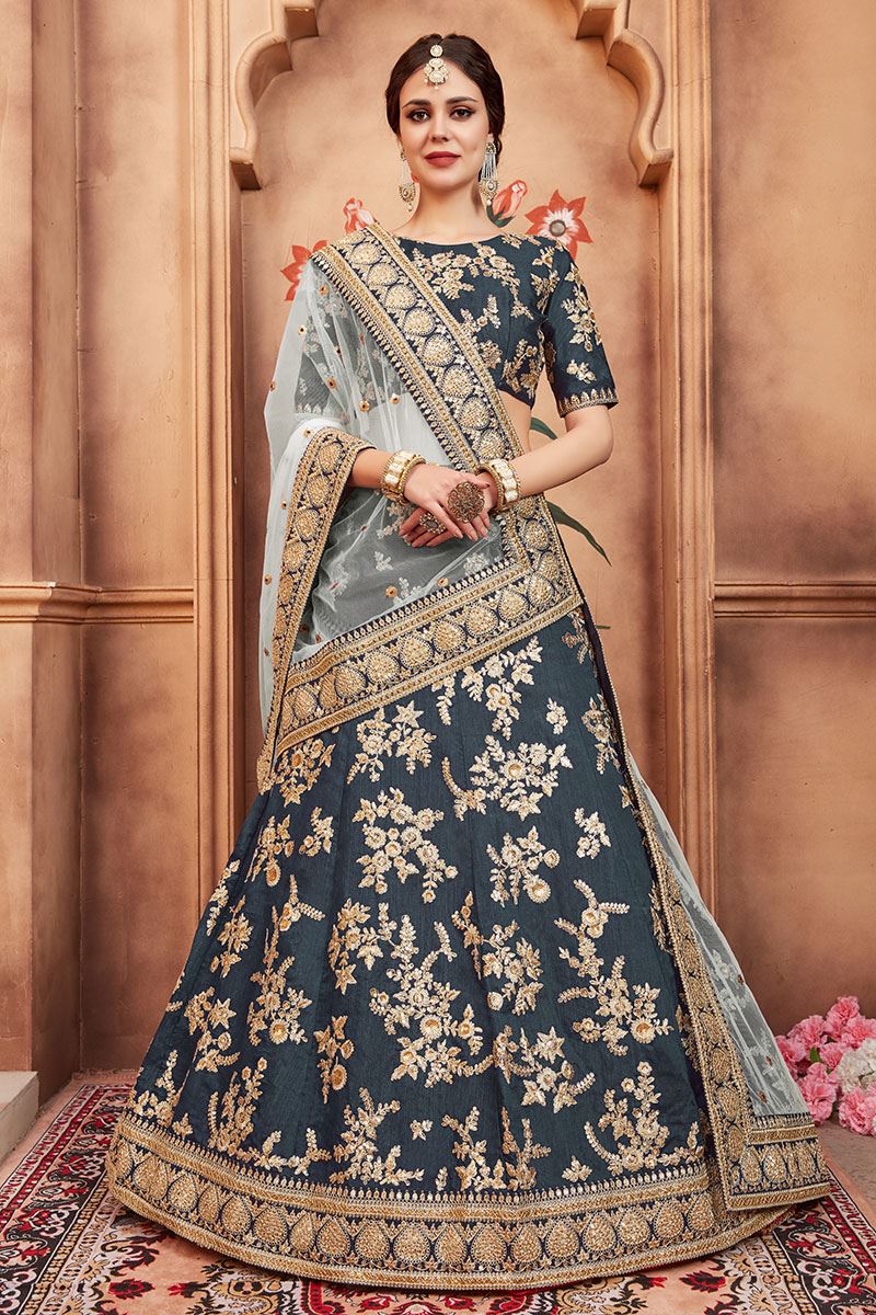 Buy Grey and Peach Beads Work Designer Lehenga Style Saree Online