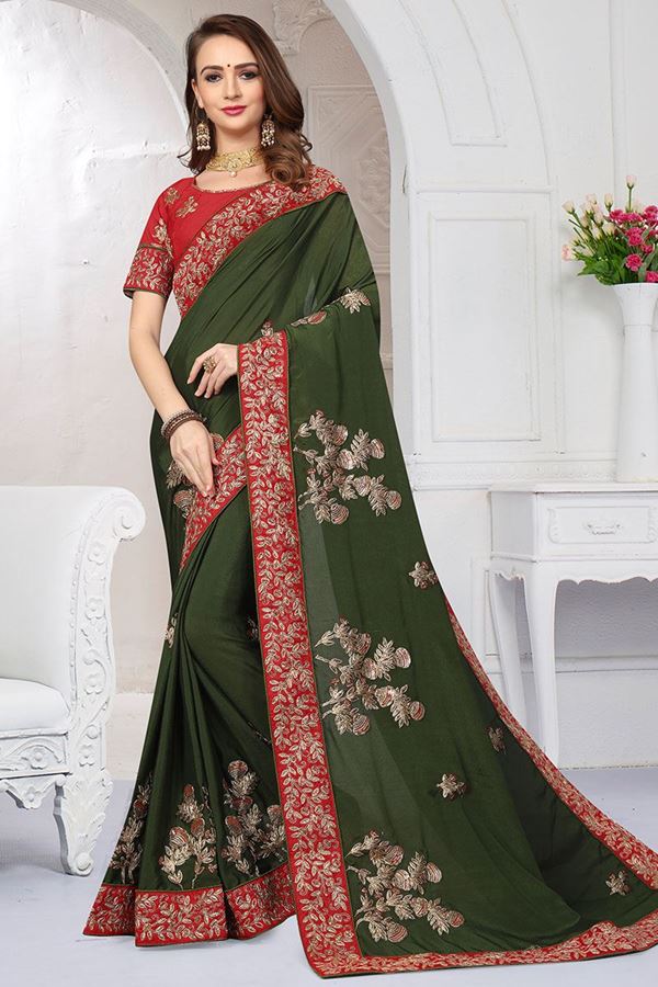 Picture of Fabulous mehndi green designer saree