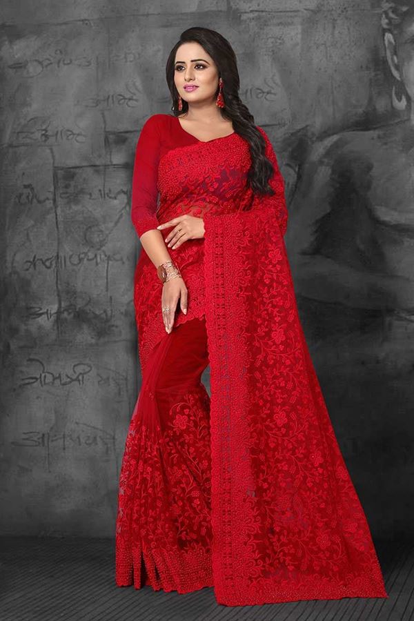 Picture of Dazzling red designer saree with resham