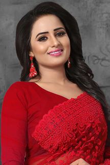 Picture of Dazzling red designer saree with resham
