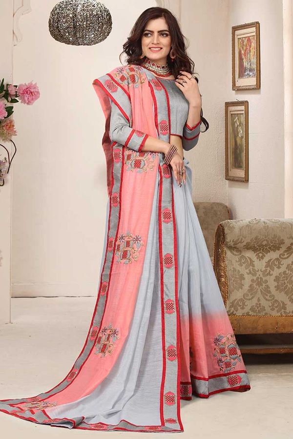 Picture of Tantalizing grey & peach shaded saree
