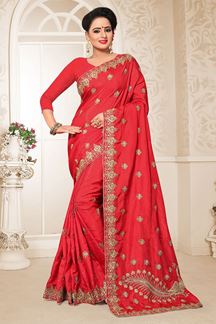 Picture of Amazing Red Colored Partywear Embroidered Two Tone Rajwadi Silk Saree