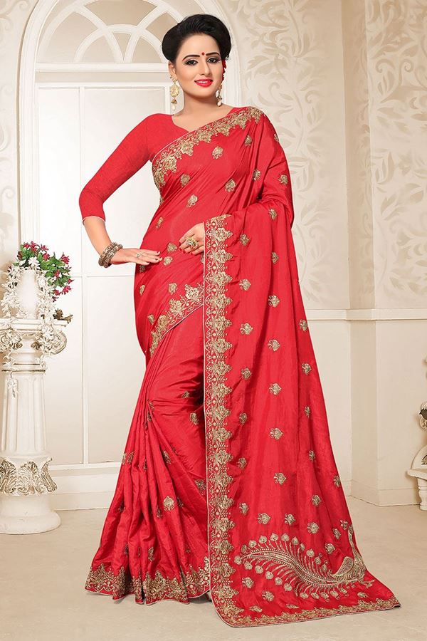 Picture of Amazing Red Colored Partywear Embroidered Two Tone Rajwadi Silk Saree