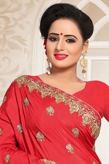 Picture of Amazing Red Colored Partywear Embroidered Two Tone Rajwadi Silk Saree
