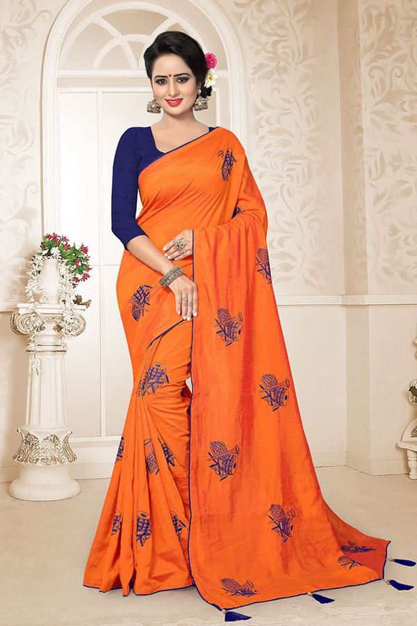 Picture of Deserving Orange Colored Embroidered Party Wear Zoya Silk Saree