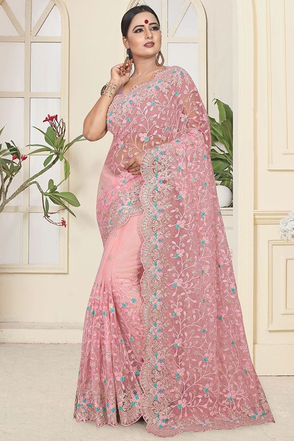 Picture of Marvelous Pink Colored Partywear Embroidered Net Saree