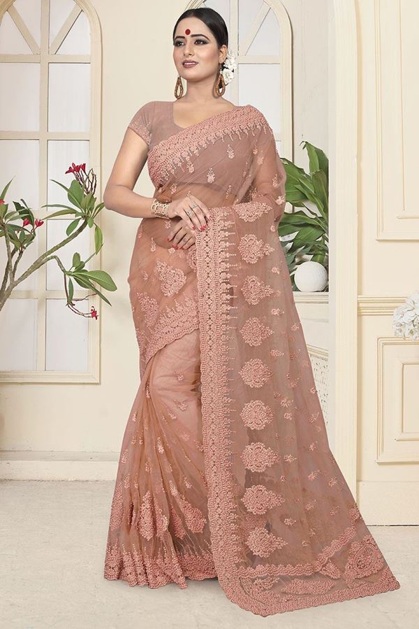 Picture of Preferable light brown Colored Partywear Embroidered Net Saree