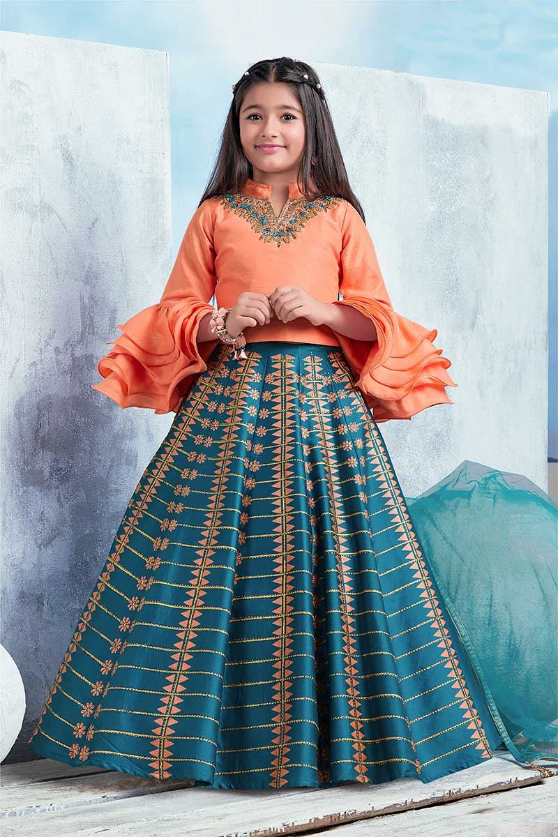 orange and blue lehenga choli