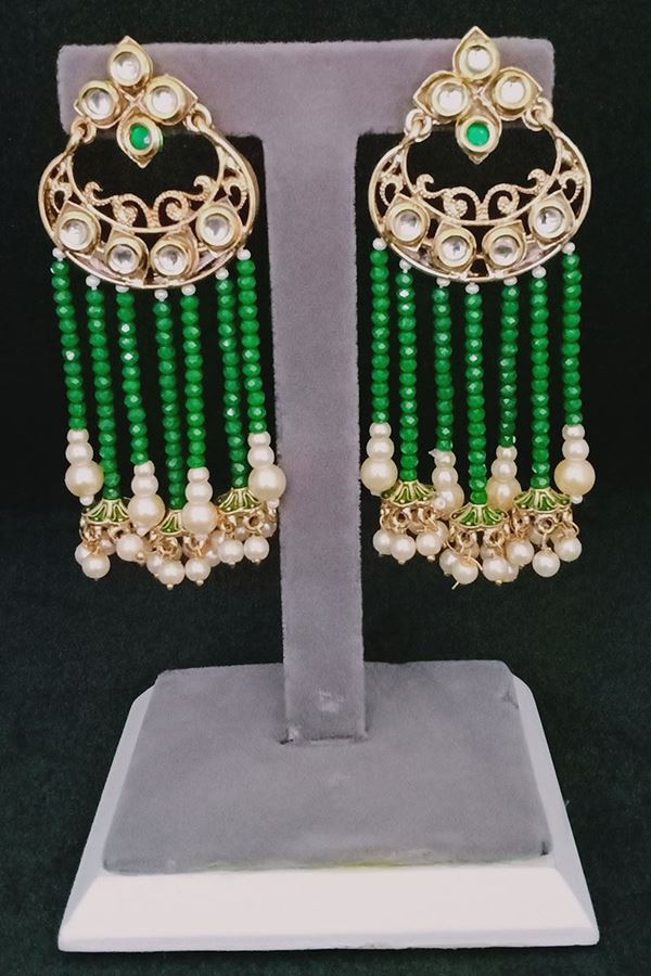 Picture of Fusion Antique Designer Crystal Pearls Hanging Earring in Green Color