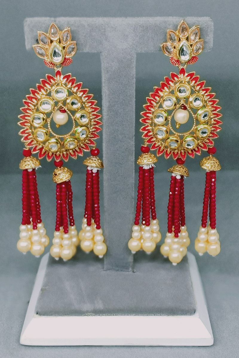 Golden Red Colour Dancing Peacock Pattern Party Wear Jhumki Dangler Tassel  Earrings For Women College Girls
