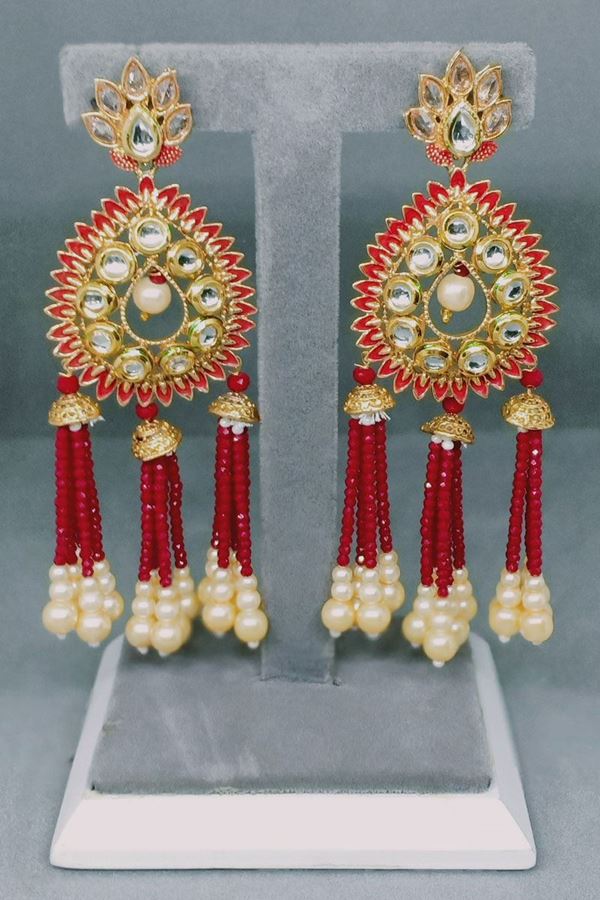 Picture of Long Golden Earring with 3 Layer of Crystal Red Pearls