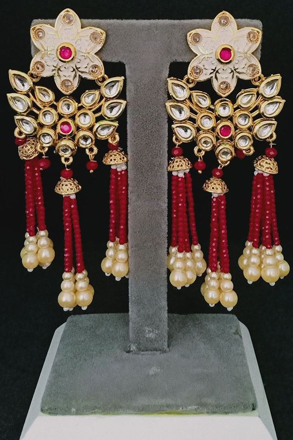 Picture of Kundan Designer Golden Red Pearl Earring with mint cream 