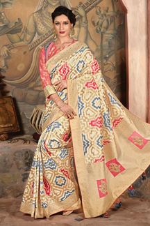 Picture of Cream & Pink Weaved Silk Designer Saree