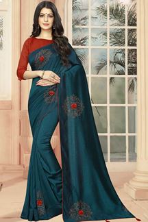 Picture of Peacock Blue Color Party Wear Designer Style Saree