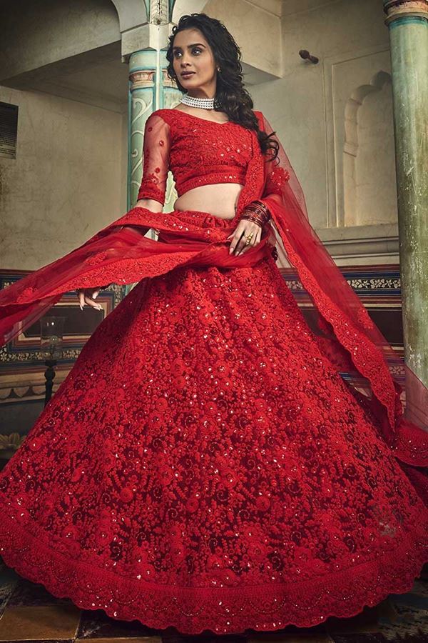 Picture of Red Color Net Designer Lehenga Choli With Embroidery Designs