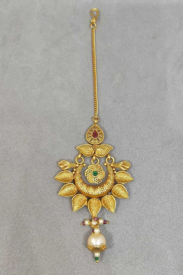 Picture of Gold Finish Pink & Green Color Kundan Wedding Maang Tikka