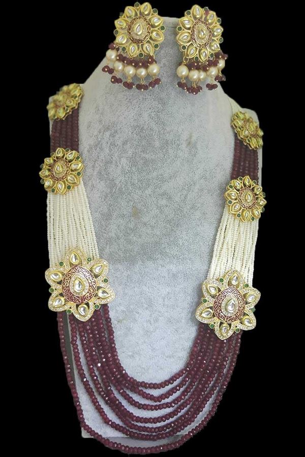 Picture of Maroon Beads Worked Designer Necklace Set With Green Stones