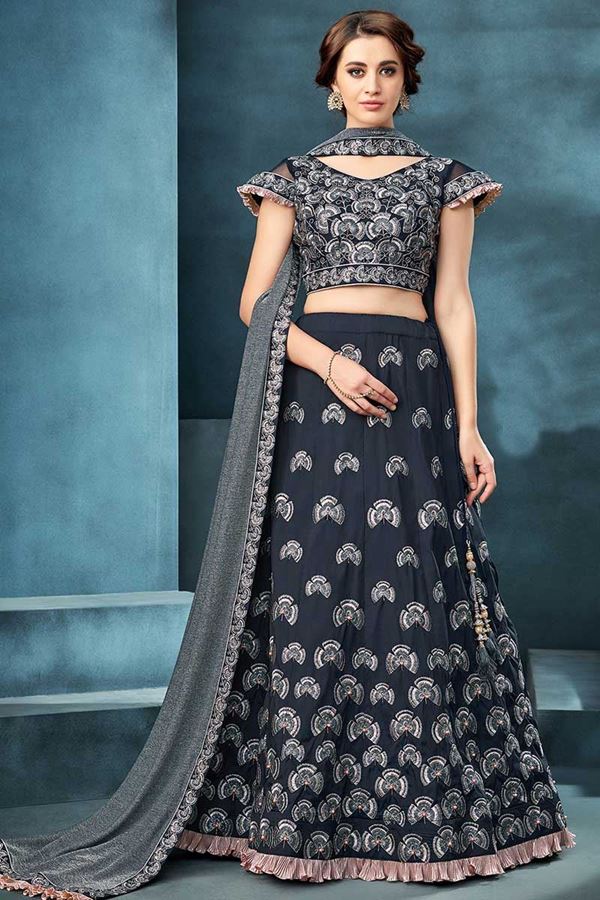 Picture of Adorable Navy Blue Colored Embroidered Lehenga Choli