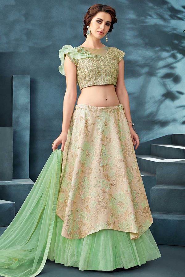 Picture of Stunning Beige & Sea green Colored Partywear Lehenga Choli
