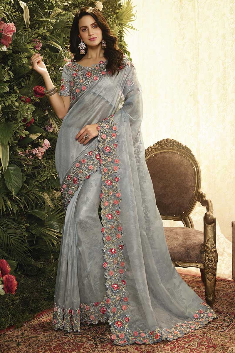 grey colour party wear saree