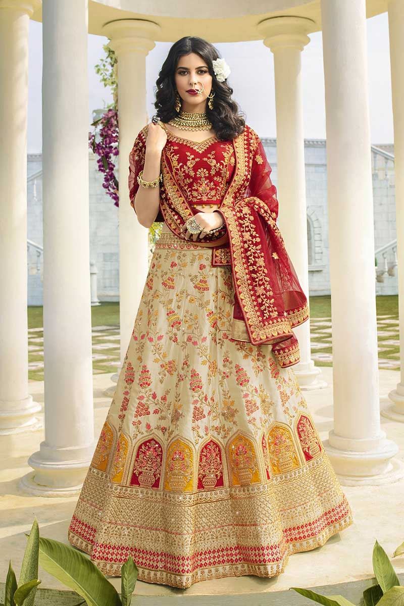red and white bridal lehenga