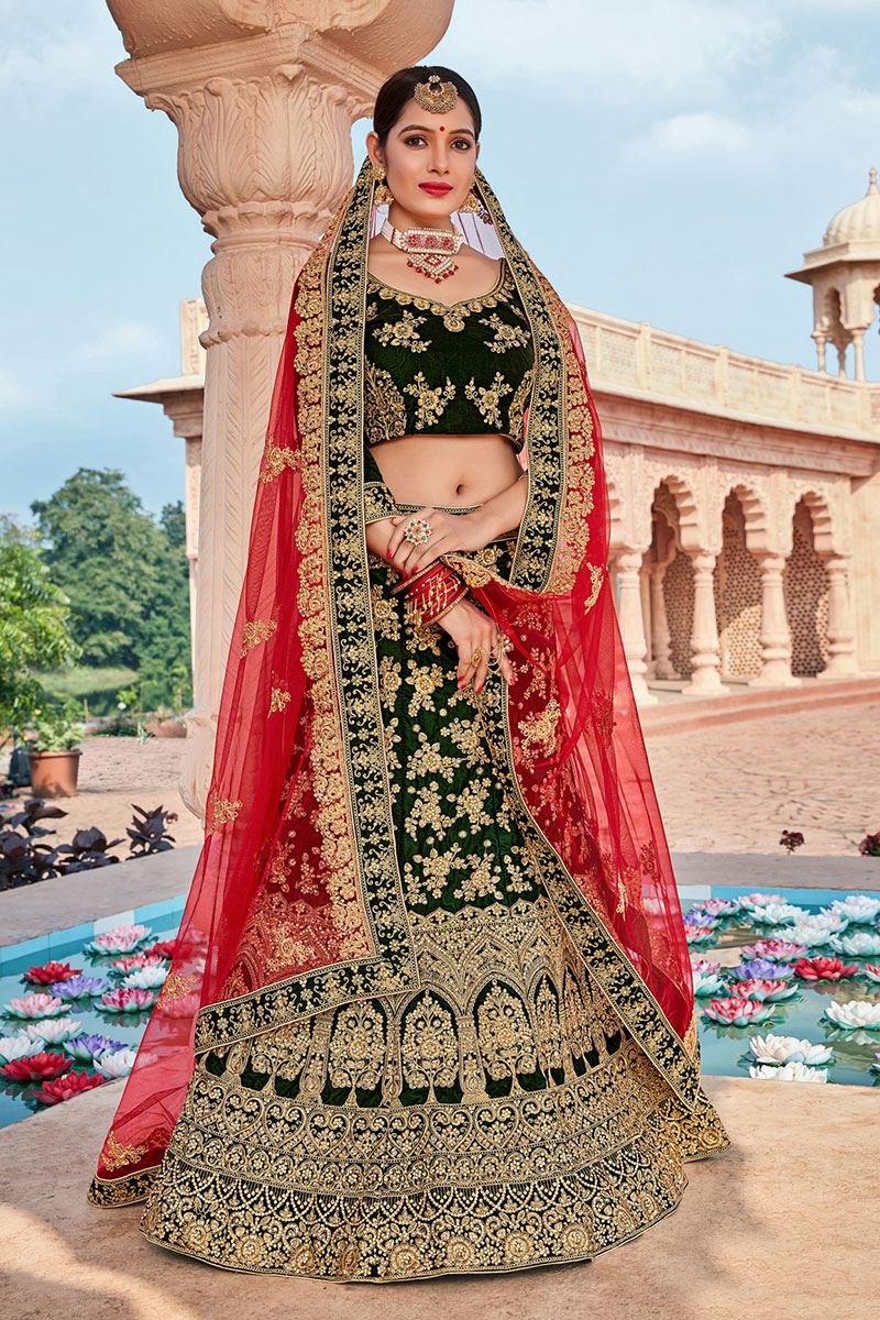 red and green bridal lehenga