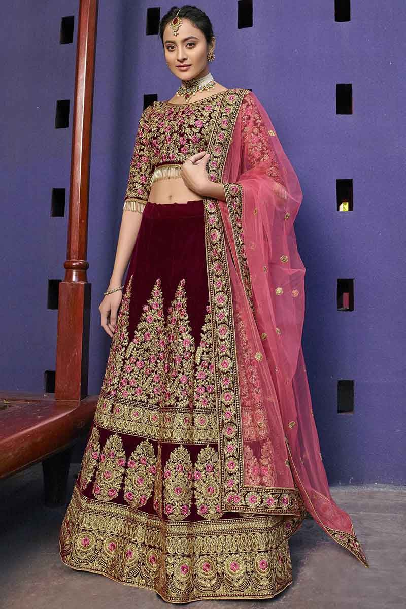 maroon and pink lehenga