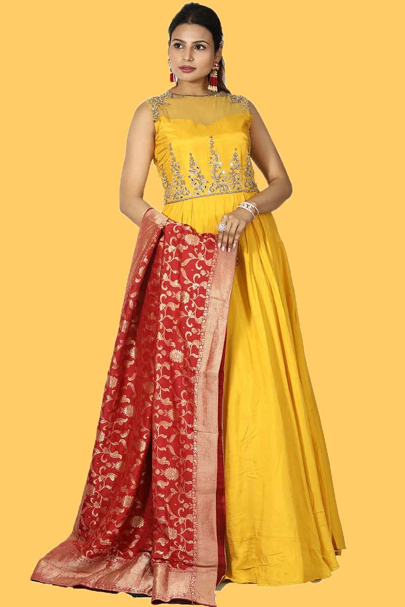 yellow silk anarkali