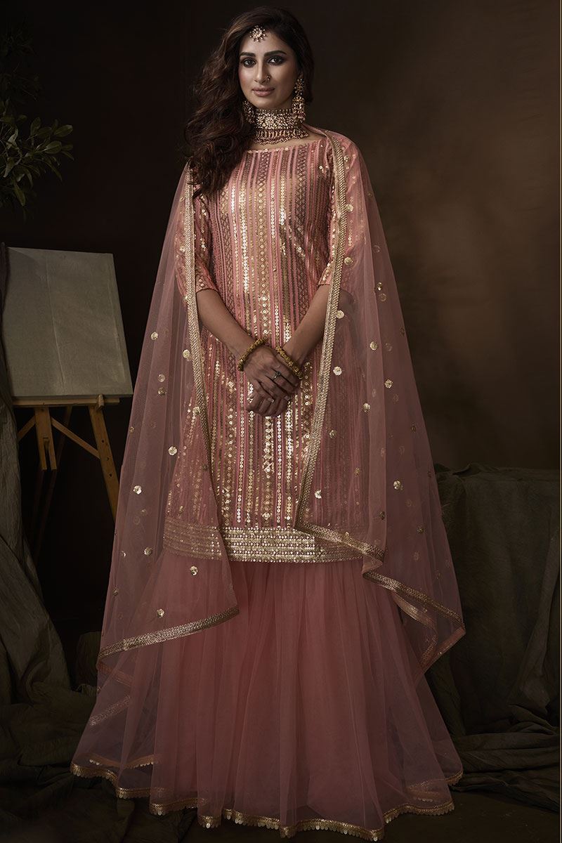 Peach Readymade Embroidered Straight Cut Kids Gharara Suit Latest 217KW09