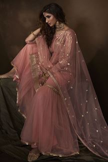 Picture of Pink Colored Embroidered Net Gharara Suit With Dupatta (Unstitched suit)