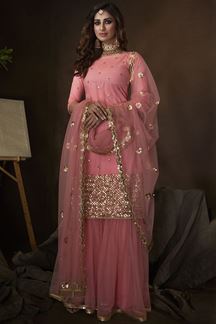Picture of Pink Colored Embroidered Net Gharara Suit With Dupatta (Unstitched suit)