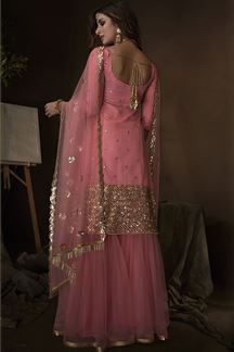 Picture of Pink Colored Embroidered Net Gharara Suit With Dupatta (Unstitched suit)