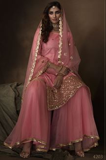 Picture of Pink Colored Embroidered Net Gharara Suit With Dupatta (Unstitched suit)