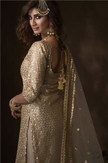 Picture of Dusky Beige Colored Embroidered Net Gharara Suit (Unstitched suit)