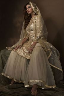 Picture of Dusky Beige Colored Embroidered Net Gharara Suit (Unstitched suit)