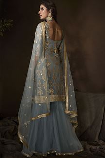 Picture of Grey Colored Embroidered Net Gharara Suit With Dupatta (Unstitched suit)